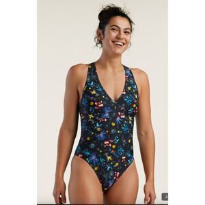 Title Nine Black Multi Floral Better One Piece Swimsuit Marine Fauna Size M B/C